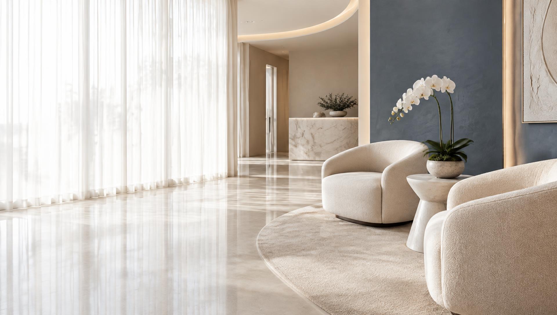 Calm, light-filled reception area of a modern plastic surgery practice
